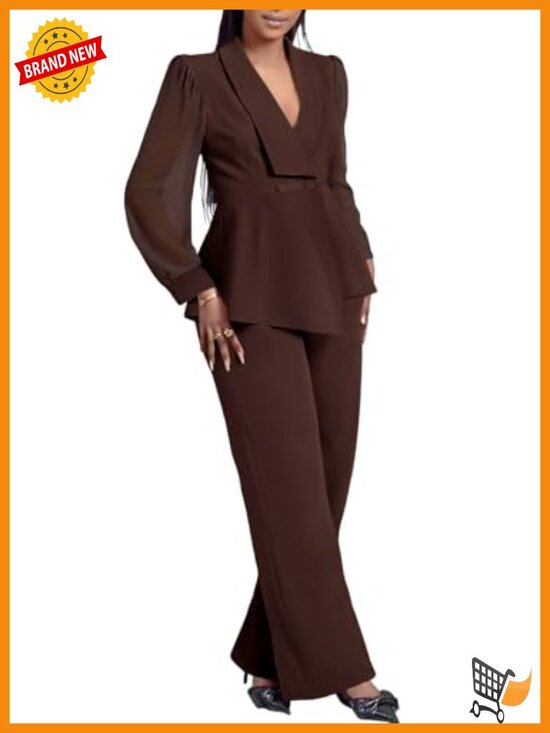 Other - Mesh Sheer Sleeve Ruffle Blazer Wide Leg Pants Pantsuit Set 2 Piece